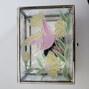 Stained Glass Bird Flowers Jewelry Trinket Box with etched sides mirrored bottom